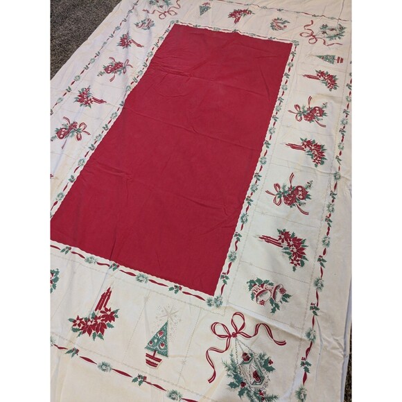 Vintage 50s Rectangle Christmas Tablecloth MCM Cotton Bells Trees  Candles *Flaw - Picture 3 of 12